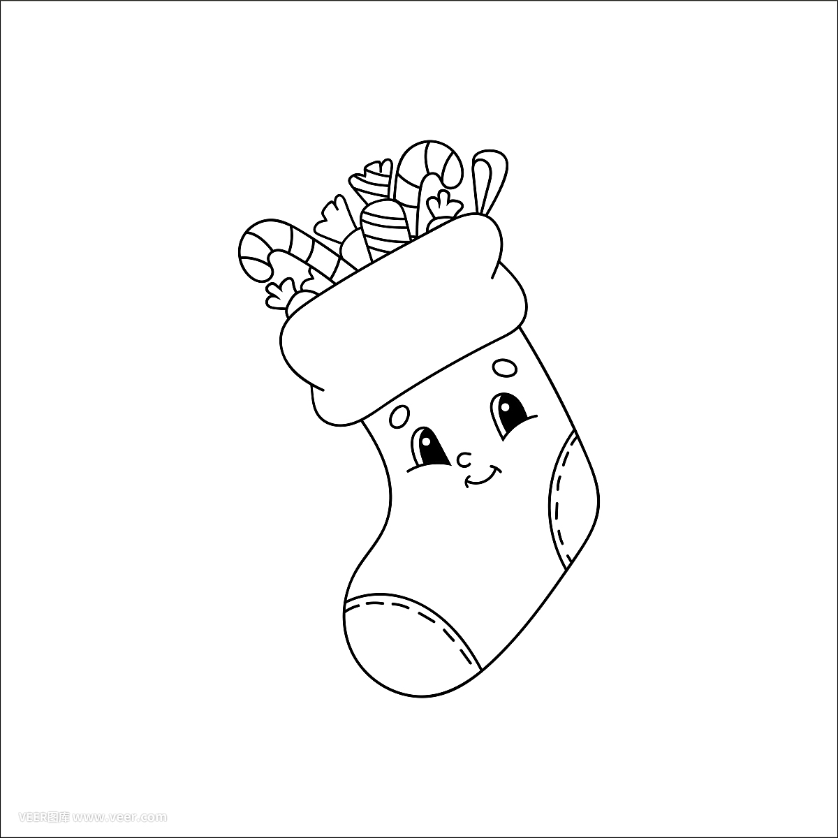 裝有禮物的圣誕襪。兒童涂色書。開朗的性格。矢量插圖?？蓯鄣目ㄍL格。兒童幻想頁面。黑色的輪廓剪影。孤立在白色背景上。